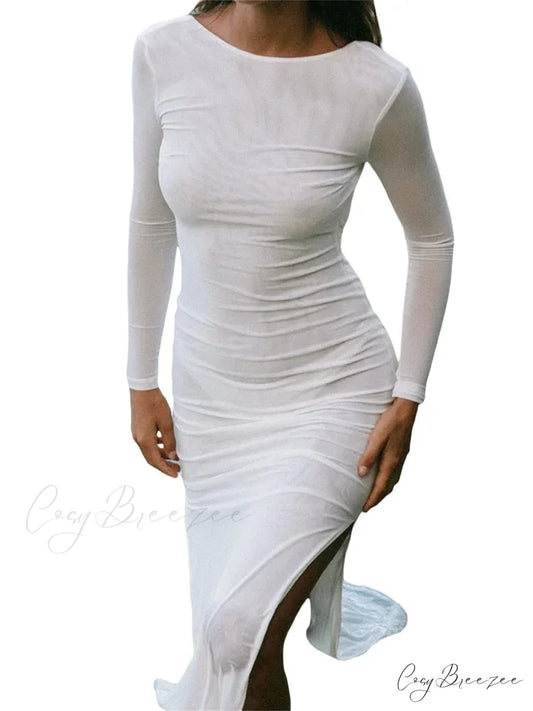 Sexy Women Sleeve Crew Neck Backless Solid Color Slim Fit Side Split Beach Party Female Vestido WHITE / S