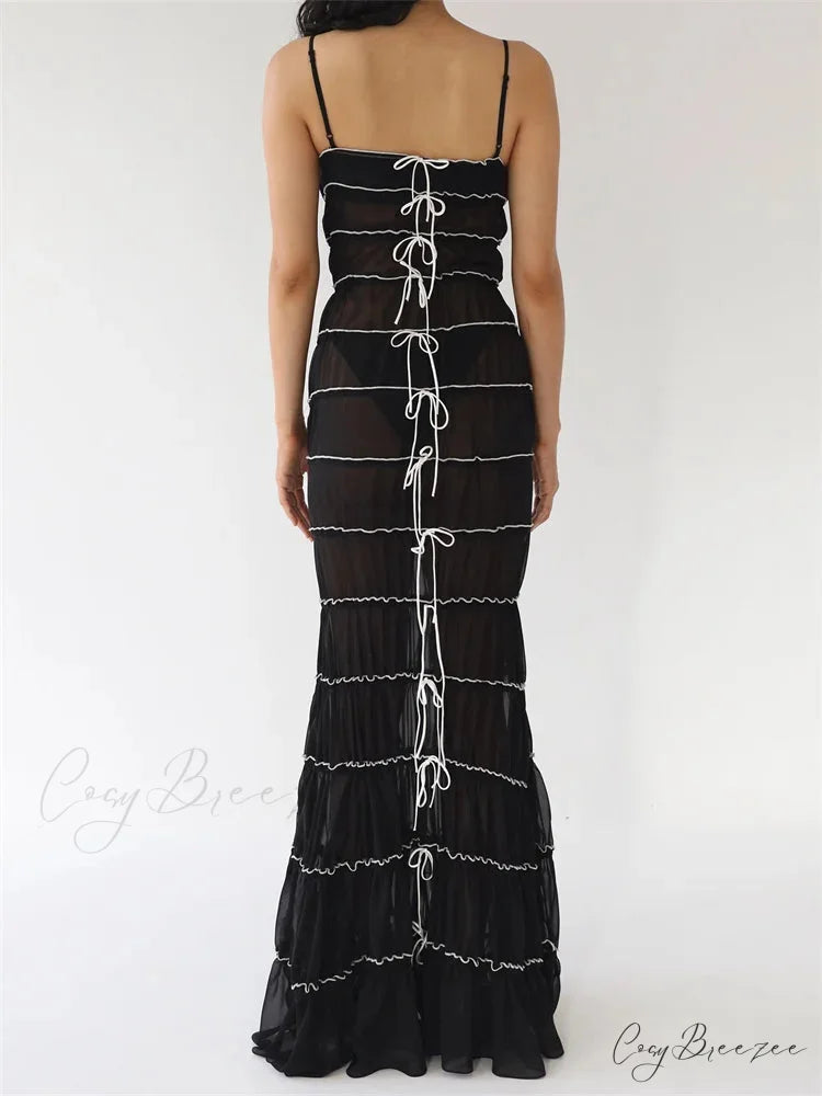 Sexy Women Sleeveless Casual Sling Spaghetti Strap See Through Tie-up Sexy Y2K Party Vestidos