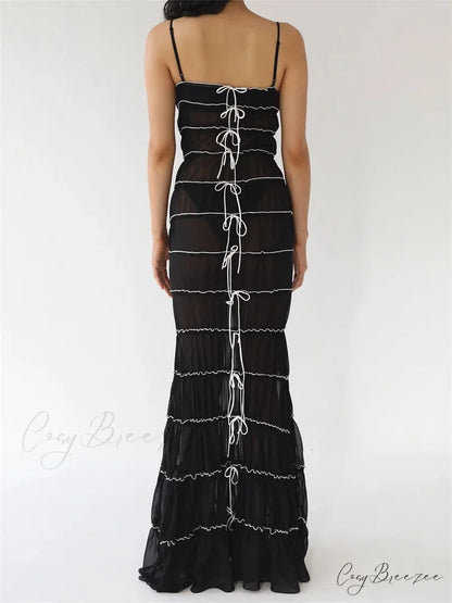 Sexy Women Sleeveless Casual Sling Spaghetti Strap See Through Tie-up Sexy Y2K Party Vestidos