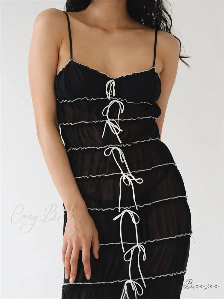 Sexy Women Sleeveless Casual Sling Spaghetti Strap See Through Tie-up Sexy Y2K Party Vestidos