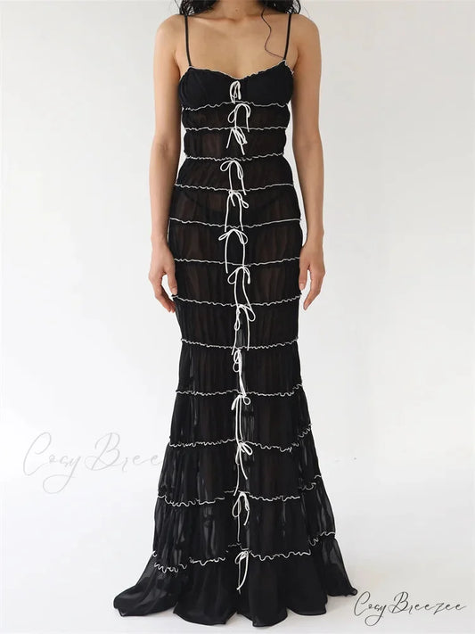 Sexy Women Sleeveless Casual Sling Spaghetti Strap See Through Tie-up Sexy Y2K Party Vestidos Black / S