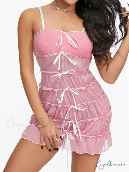 Sexy Women Sleeveless Casual Sling Spaghetti Strap See Through Tie-up Sexy Y2K Party Vestidos PINK / S