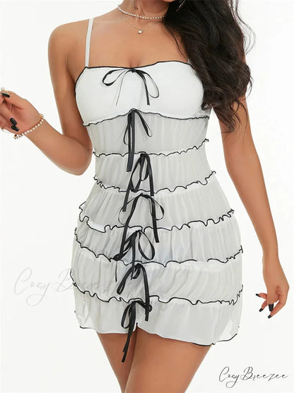Sexy Women Sleeveless Casual Sling Spaghetti Strap See Through Tie-up Sexy Y2K Party Vestidos WHITE / S