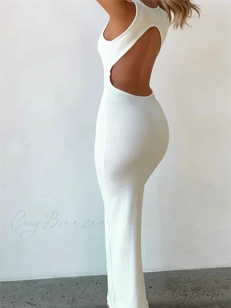 Sexy Women Sleeveless Evening White Backless Hollow Out Summer Party Club Female Vestidos Streetwear