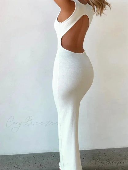 Sexy Women Sleeveless Evening White Backless Hollow Out Summer Party Club Female Vestidos Streetwear