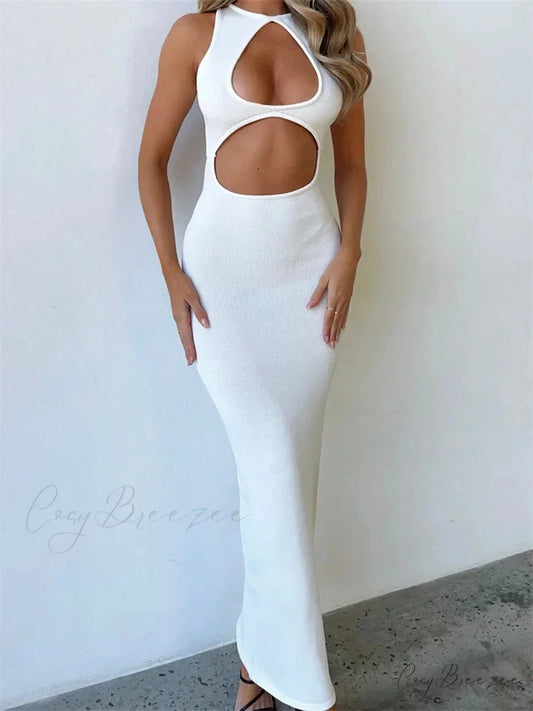 Sexy Women Sleeveless Evening White Backless Hollow Out Summer Party Club Female Vestidos Streetwear WHITE / S