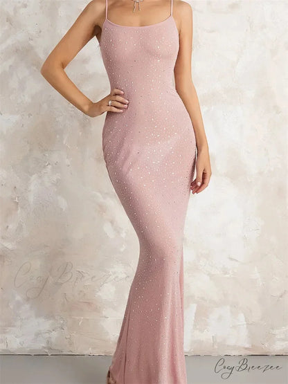 Sexy Women Sleeveless Strap Slim Sparkle Rhinestone Low Cut Trumpet Summer Party Female Vestido