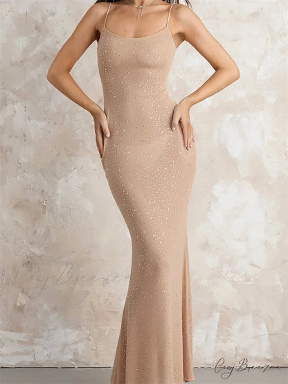 Sexy Women Sleeveless Strap Slim Sparkle Rhinestone Low Cut Trumpet Summer Party Female Vestido KHAKI / S