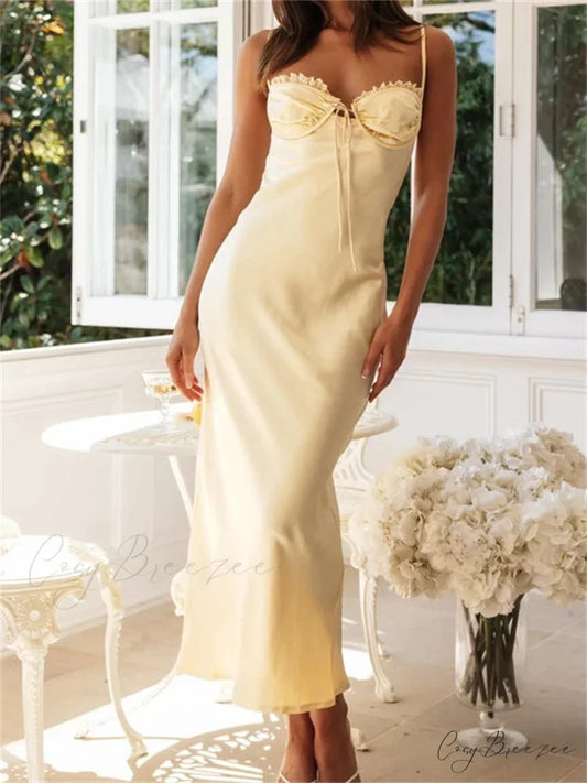 Sexy Women Sleeveless Strap Solid Color Summer Party Ruffles Ruched V-neck Cocktail Female Vestidos BEIGE / S