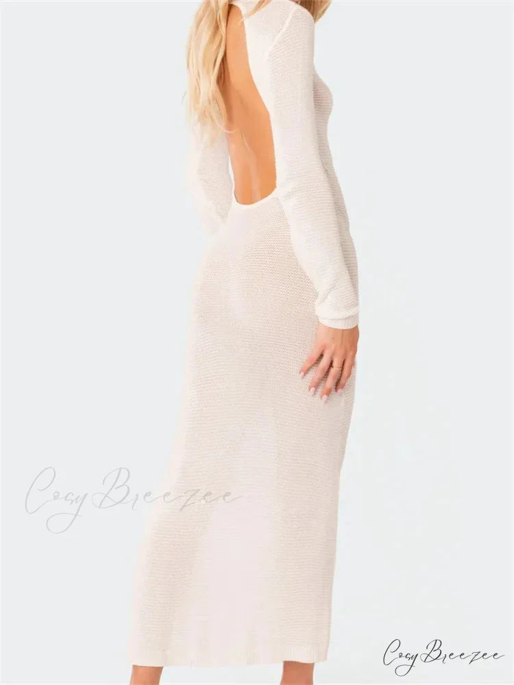 Sexy Women Summer Autumn Party Solid Round Neck Sleeve Backless Knitted Female Vestido Clubwear