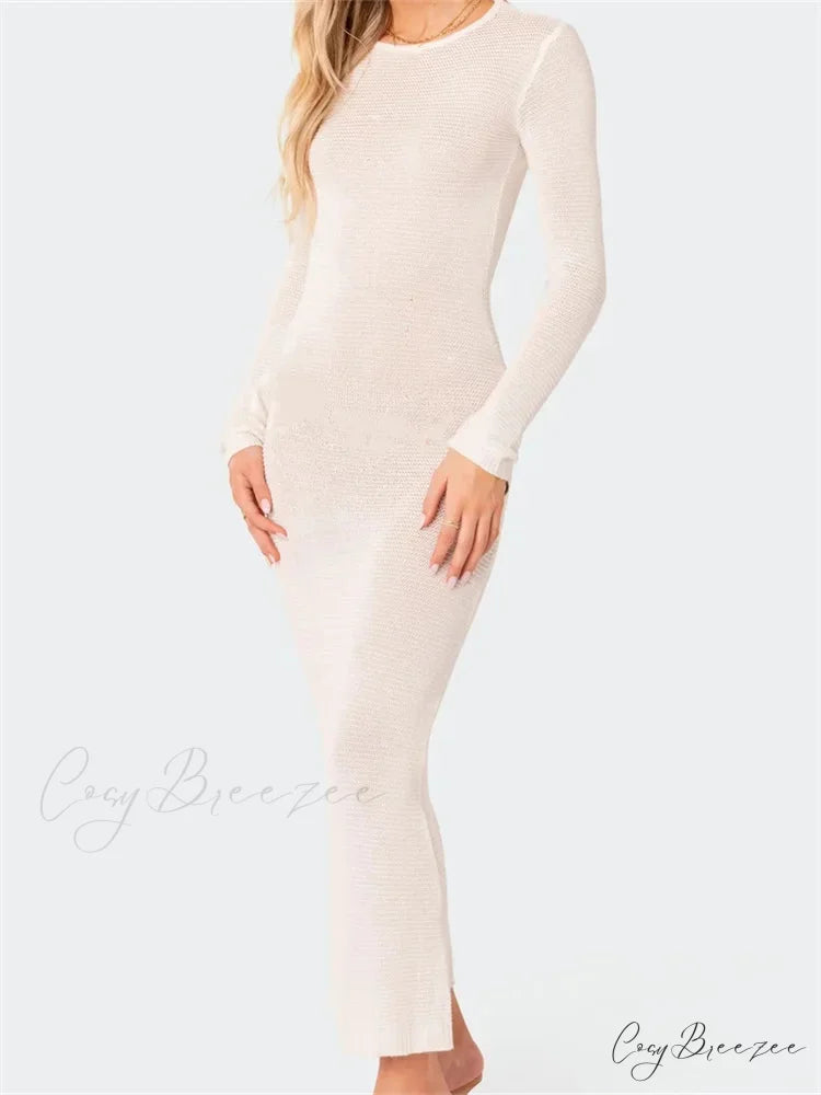 Sexy Women Summer Autumn Party Solid Round Neck Sleeve Backless Knitted Female Vestido Clubwear