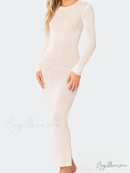 Sexy Women Summer Autumn Party Solid Round Neck Sleeve Backless Knitted Female Vestido Clubwear