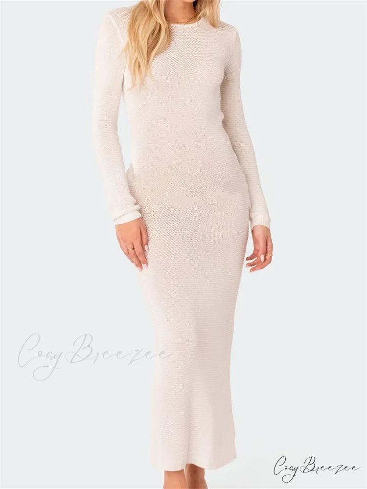 Sexy Women Summer Autumn Party Solid Round Neck Sleeve Backless Knitted Female Vestido Clubwear WHITE / S