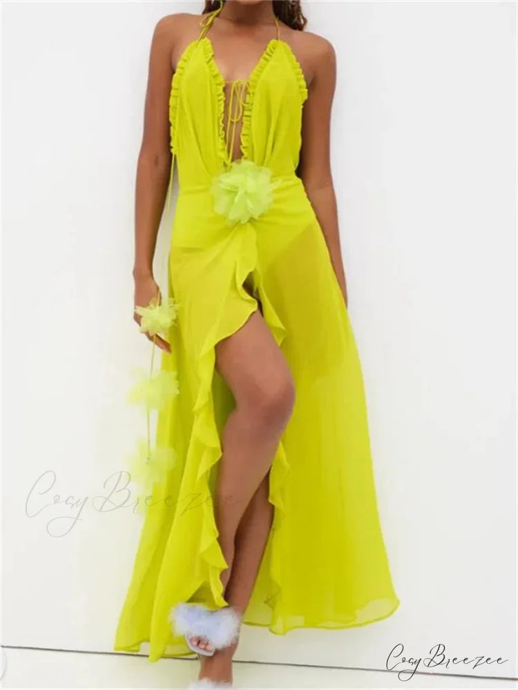 Sexy Women Summer Beach Sleeveless Halter Tie-up Backless See-through Flower Split Ruffles Vestidos