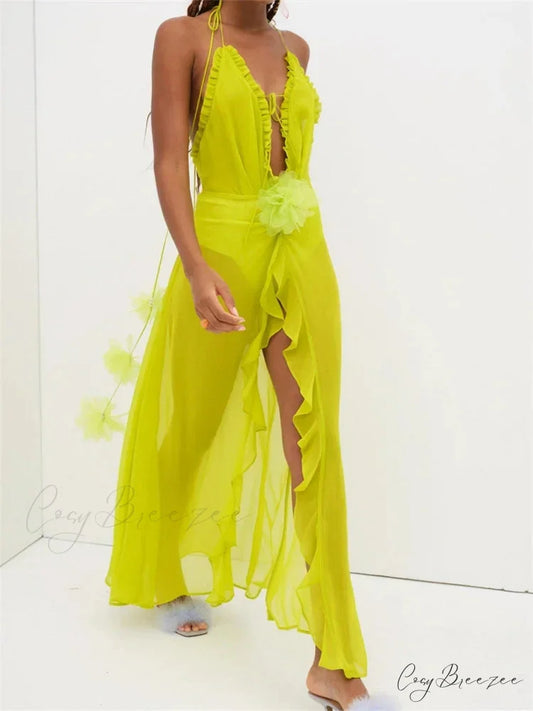 Sexy Women Summer Beach Sleeveless Halter Tie-up Backless See-through Flower Split Ruffles Vestidos GREEN / S