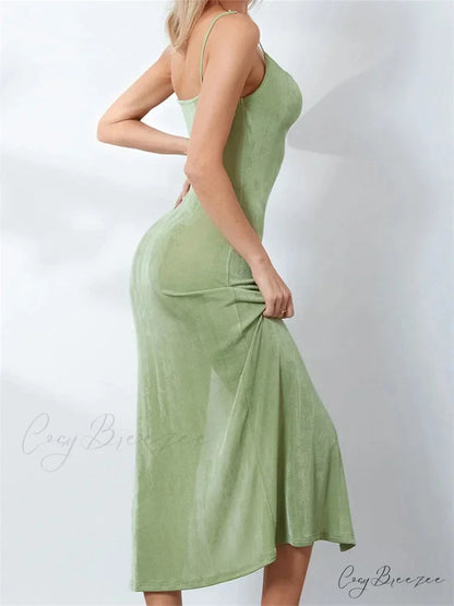 Sexy Women Summer High Split Solid Spaghetti Strap Square Neck Backless Slim Female Vestidos
