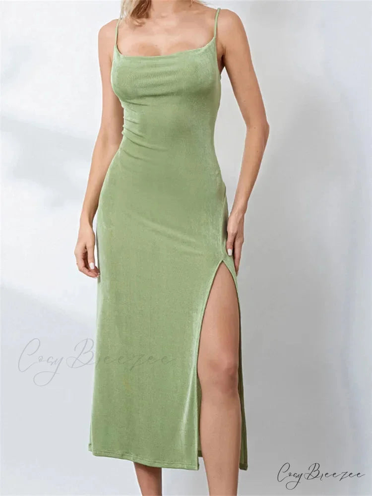 Sexy Women Summer High Split Solid Spaghetti Strap Square Neck Backless Slim Female Vestidos