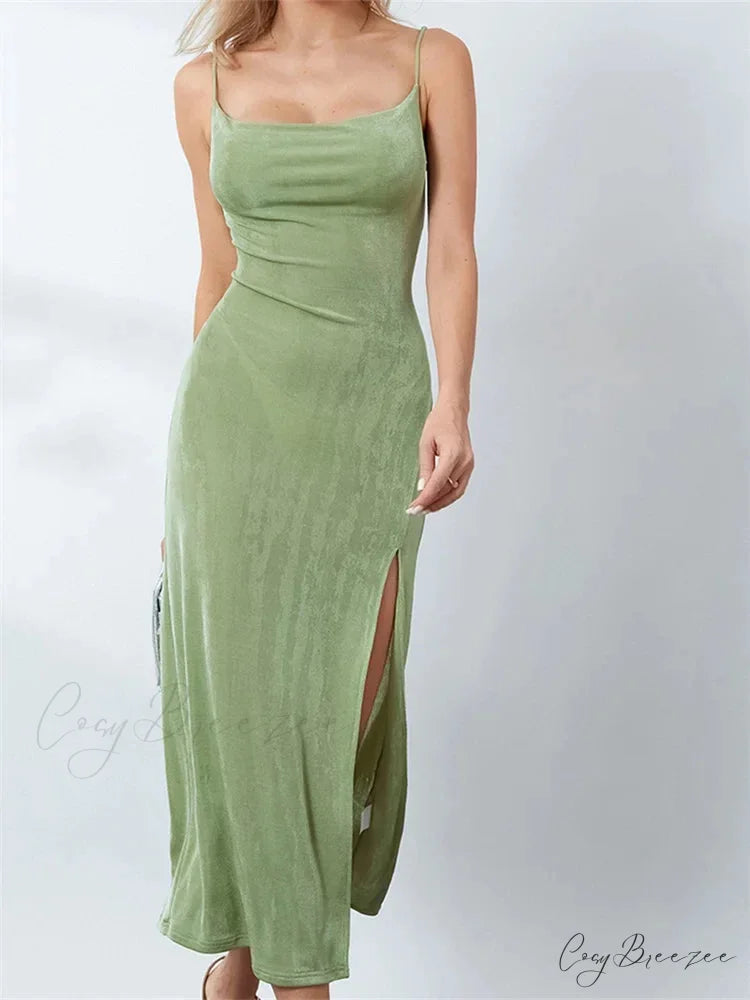 Sexy Women Summer High Split Solid Spaghetti Strap Square Neck Backless Slim Female Vestidos