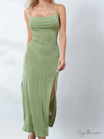 Sexy Women Summer High Split Solid Spaghetti Strap Square Neck Backless Slim Female Vestidos