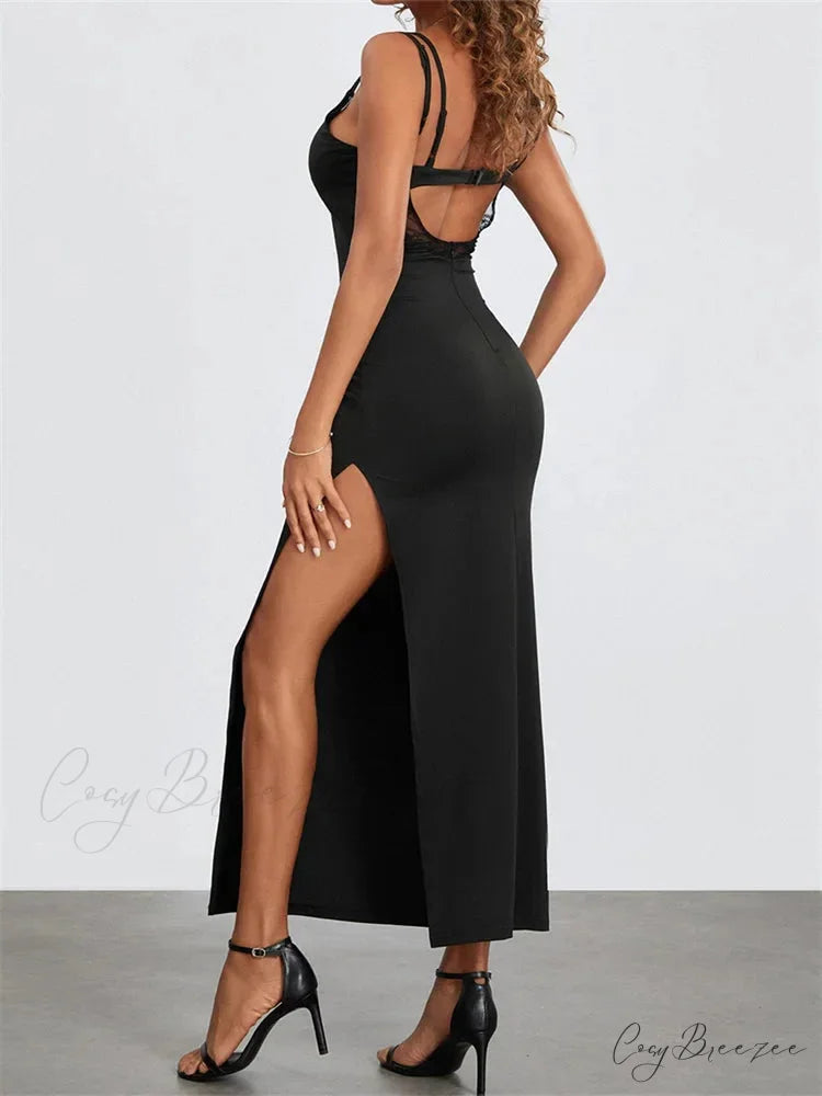 Sexy Women Summer Slim Sleeveless Lace Patchwork Low Cut Cutout Side High Split Summer Party Vestido