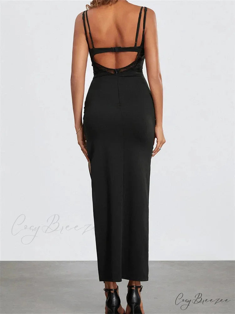 Sexy Women Summer Slim Sleeveless Lace Patchwork Low Cut Cutout Side High Split Summer Party Vestido