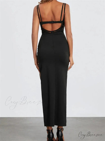 Sexy Women Summer Slim Sleeveless Lace Patchwork Low Cut Cutout Side High Split Summer Party Vestido