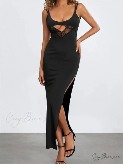 Sexy Women Summer Slim Sleeveless Lace Patchwork Low Cut Cutout Side High Split Summer Party Vestido BLACK / S