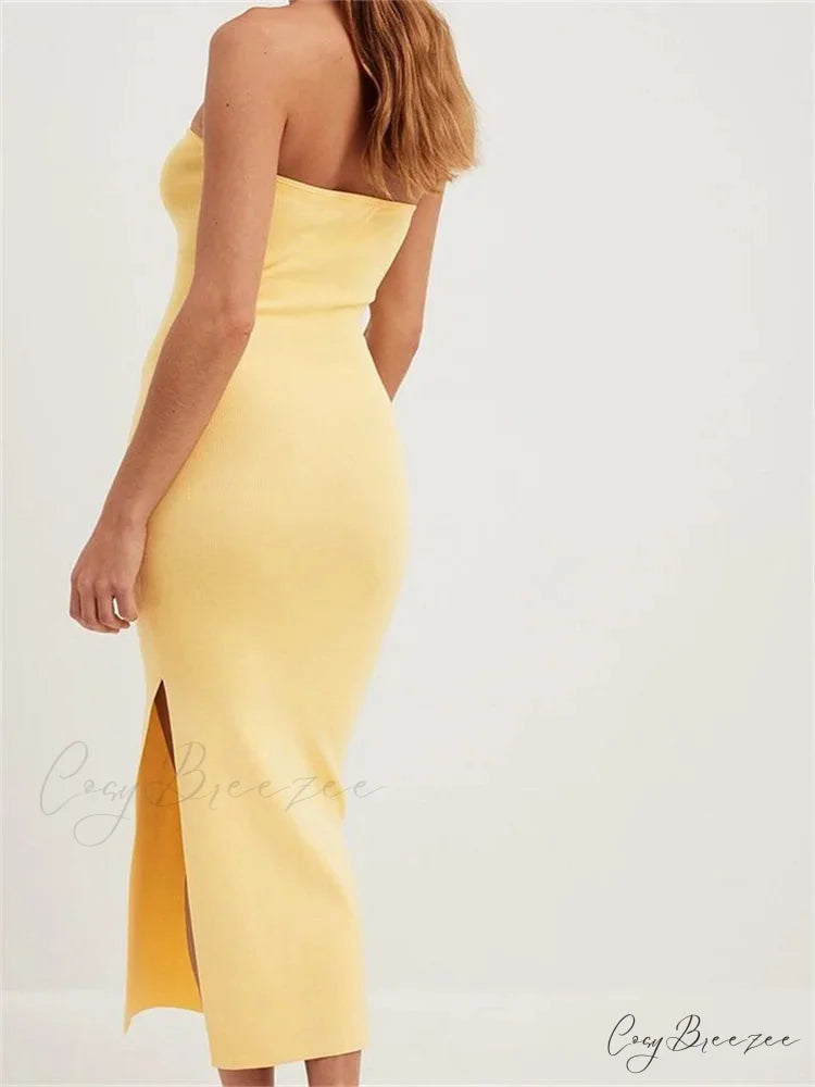 Sexy Women Tube Solid Strapless Off Shoulder Backless Summer Side Split Party Knitted Vestidos