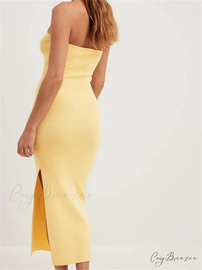 Sexy Women Tube Solid Strapless Off Shoulder Backless Summer Side Split Party Knitted Vestidos