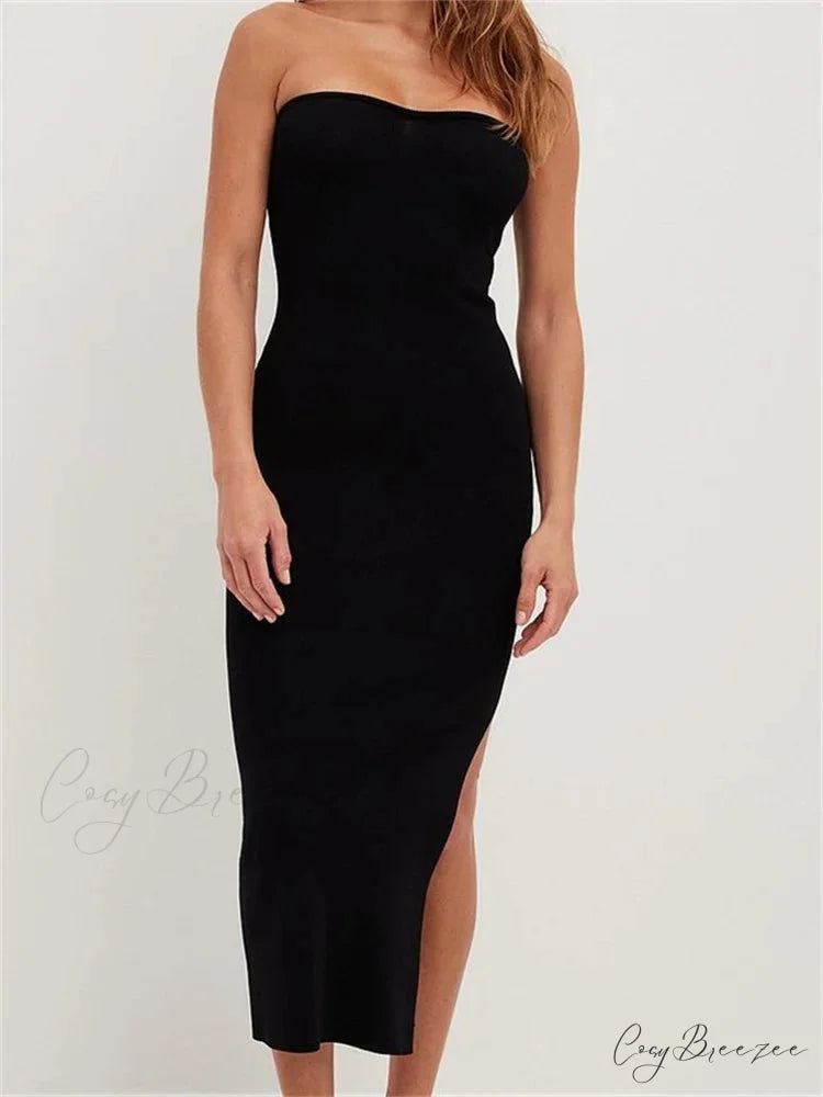 Sexy Women Tube Solid Strapless Off Shoulder Backless Summer Side Split Party Knitted Vestidos BLACK / S