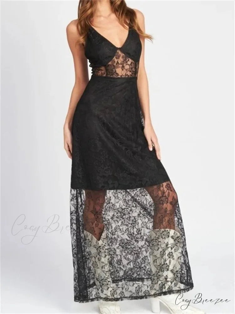 Sexy Women V Neck Sleeveless Lace Patchwork Flower Embroidery Slim Tank Summer Party Vestidos