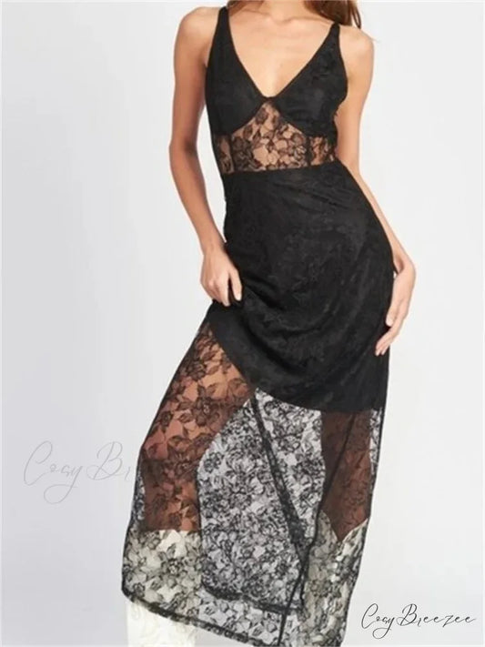 Sexy Women V Neck Sleeveless Lace Patchwork Flower Embroidery Slim Tank Summer Party Vestidos Black / S