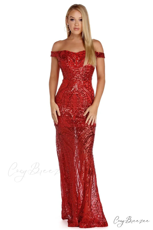 Shayla Off The Charming Shoulder Sequin Dress RED / S