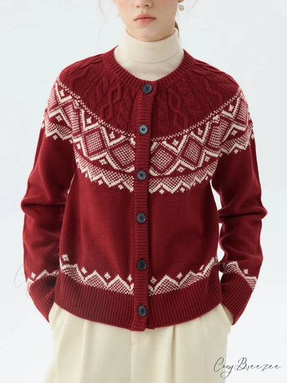 Sheep Wool Round Neck Cable Cardigan