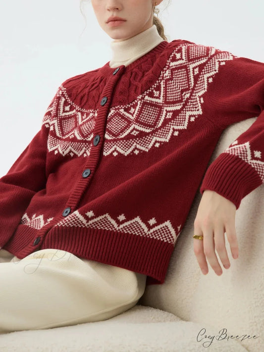 Sheep Wool Round Neck Cable Cardigan Red / XS