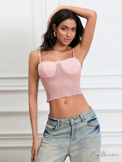 Sheer Camis Sweetheart Bow Spaghetti Strap Crop Top croptop-250126