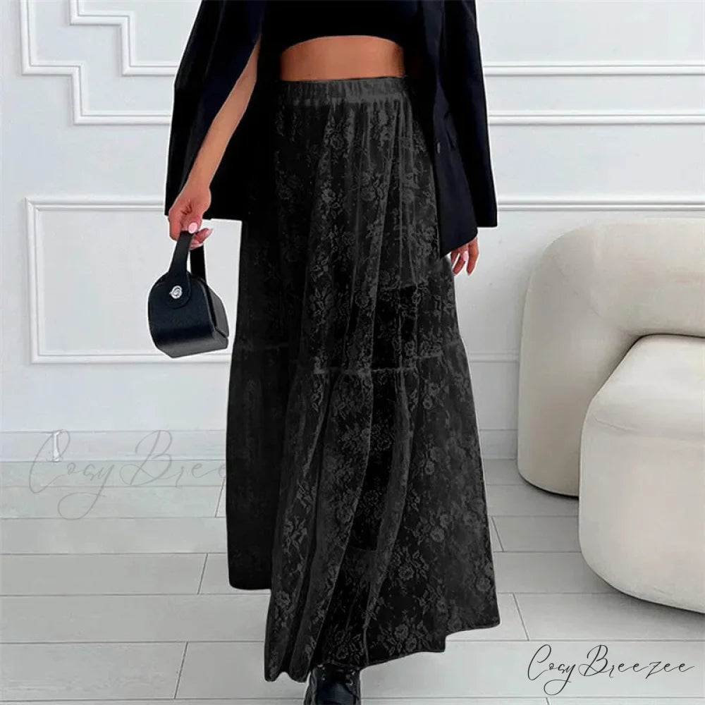 Sheer Floral Lace Elastic High Waist A-Line Long Skirt Vacation Party skirt-250126