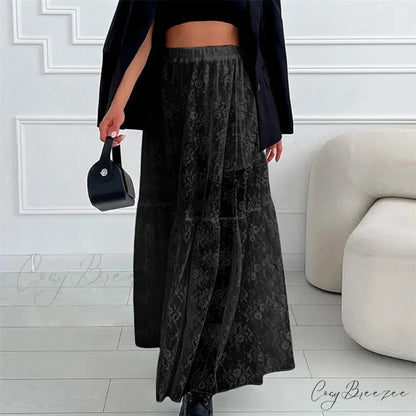 Sheer Floral Lace Elastic High Waist A-Line Long Skirt Vacation Party skirt-250126