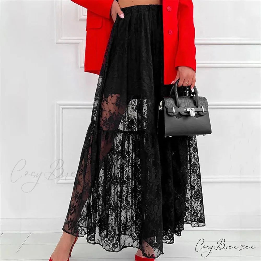 Sheer Floral Lace Elastic High Waist A-Line Long Skirt Vacation Party skirt-250126