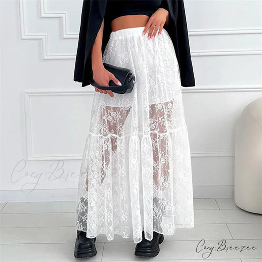 Sheer Floral Lace Elastic High Waist A-Line Long Skirt Vacation Party WHITE / S skirt-250126