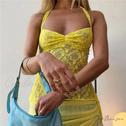 Sheer Halter Bandage Crop Top Yellow / S croptop-250223