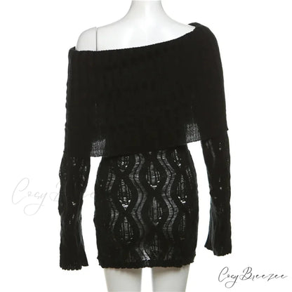 Sheer Knitted Stylish Off-Shoulder Mini Dress