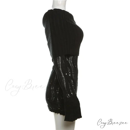 Sheer Knitted Stylish Off-Shoulder Mini Dress