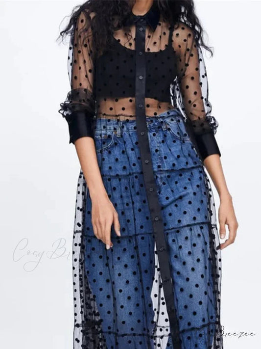 Sheer Lace Cover Up with Polka Dot Pattern for Summer S / Black