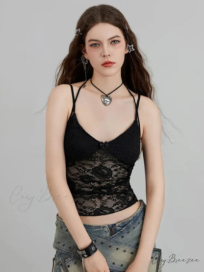 Sheer Lace Floral Halter Tie-up Nightclub Camisole Top croptop-250126