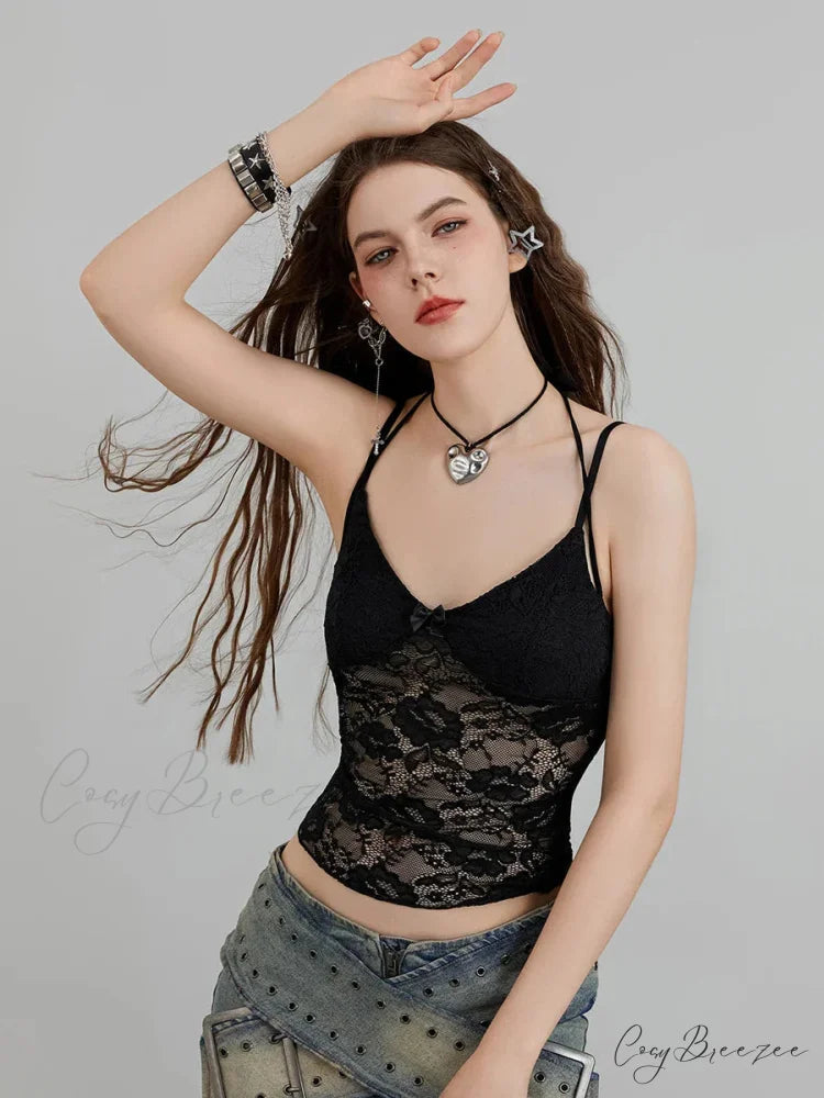 Sheer Lace Floral Halter Tie-up Nightclub Camisole Top croptop-250126