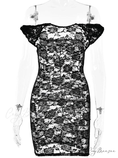 Sheer Lace Floral Off-shoulder Bodycon Mini Dress Black / S floraldress-250126