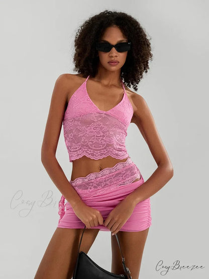 Sheer Lace Halter Crop Top Asymmetric Skirt Outfit croptop-250126