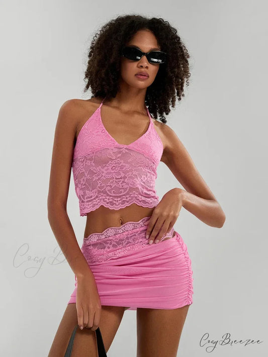 Sheer Lace Halter Crop Top Asymmetric Skirt Outfit Rose Red / S croptop-250126