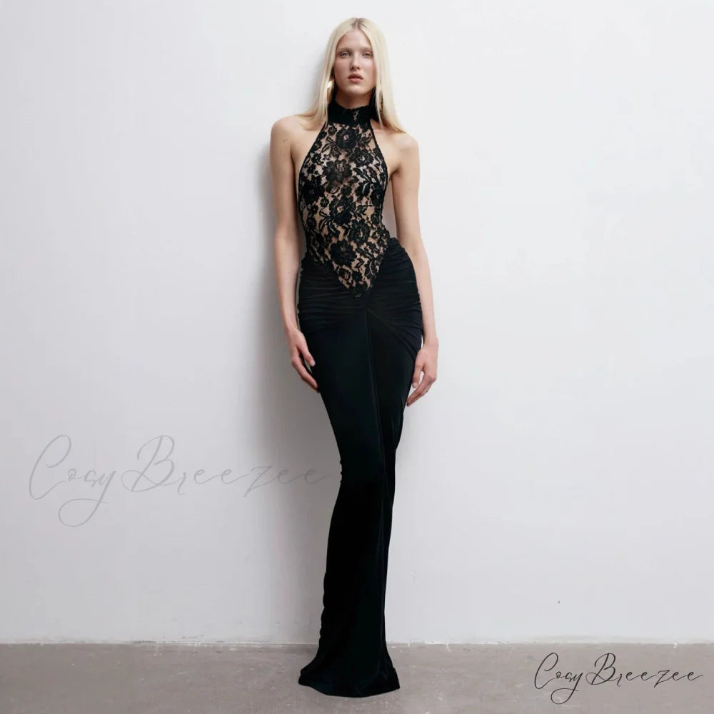 Sheer Lace Halter Open-Back Black Prom Dress promdress-250223